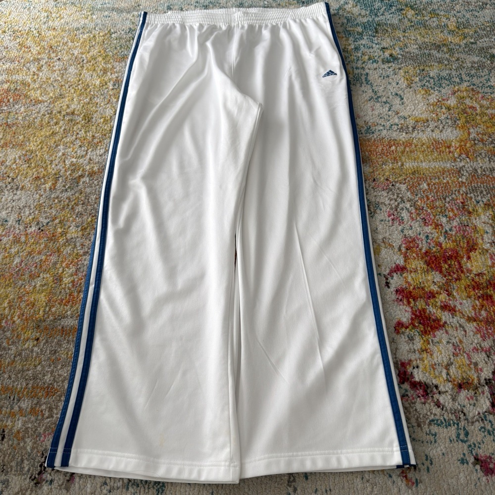 Vintage Y2K 2005 Adidas Wide Leg Track Pants 2XL - White & Blue 3-Stripe